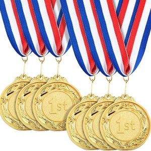 6 Pack 1st Place Gold Medals with 16 Inch Neck Ribbon for Awards, Sports Tournaments, Soccer, Baseball (Round, Metal, 2.5 Inch Diameter)